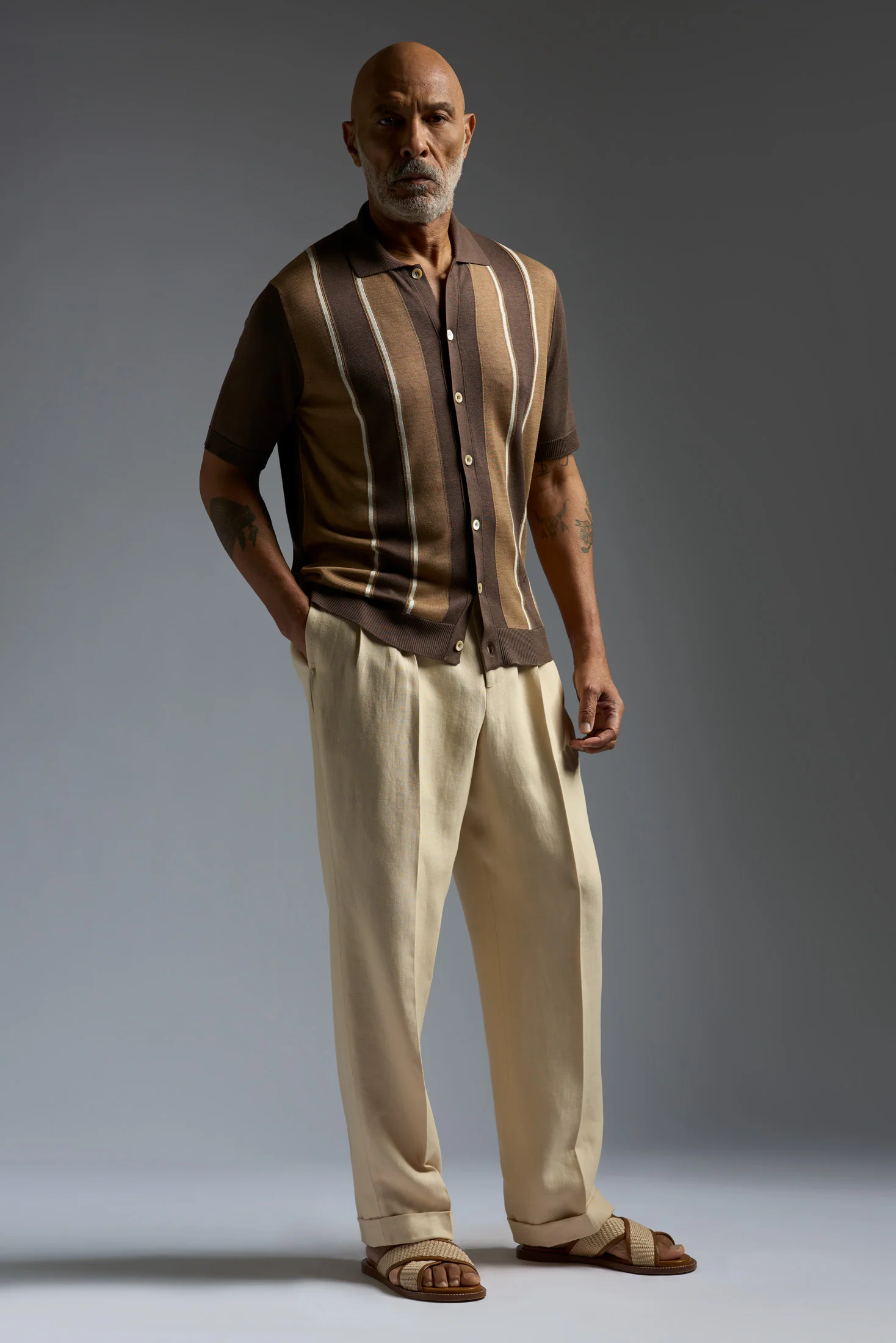 Twill Linen Douple Pleated Tailored Pants