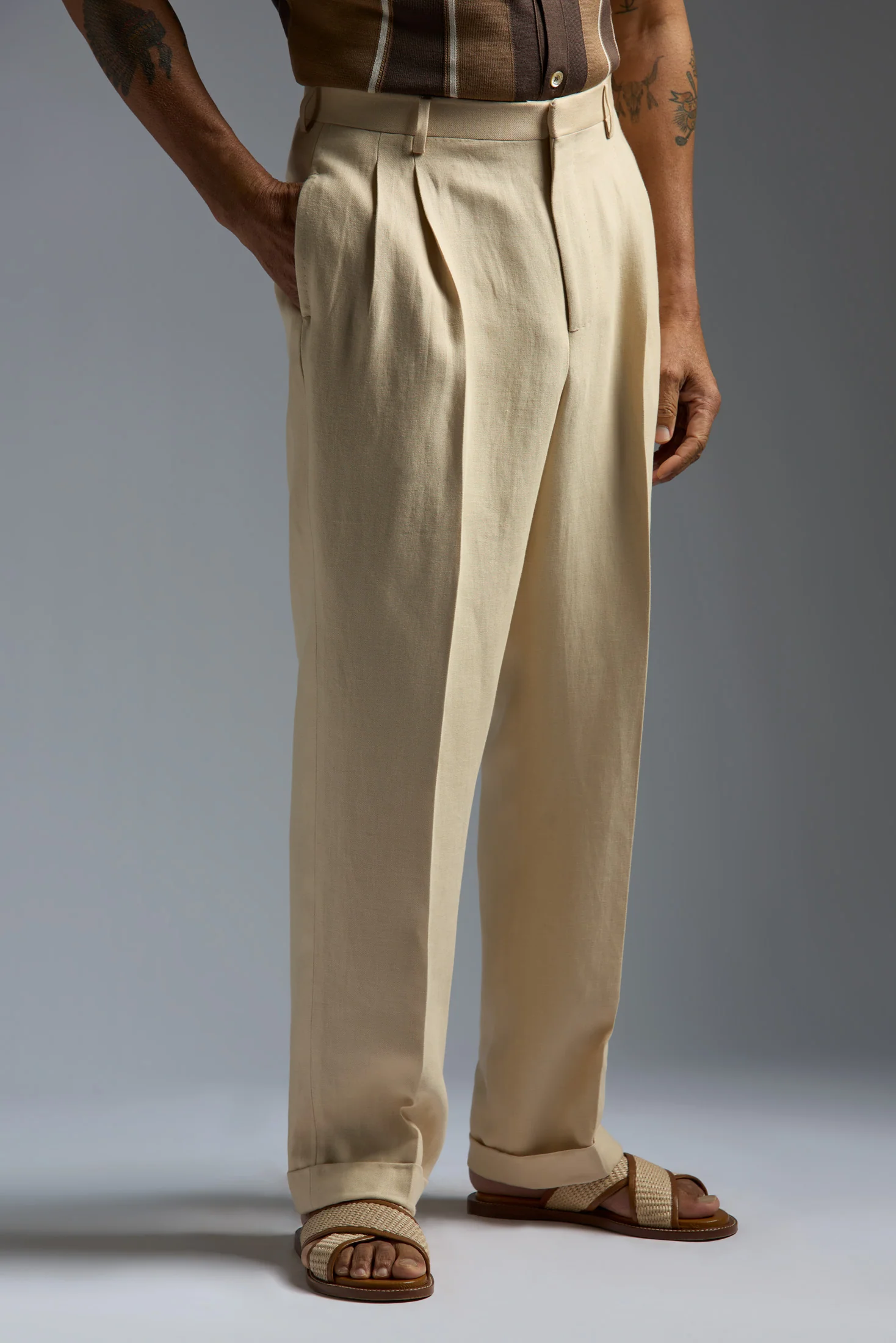 Twill Linen Douple Pleated Tailored Pants - Image 2