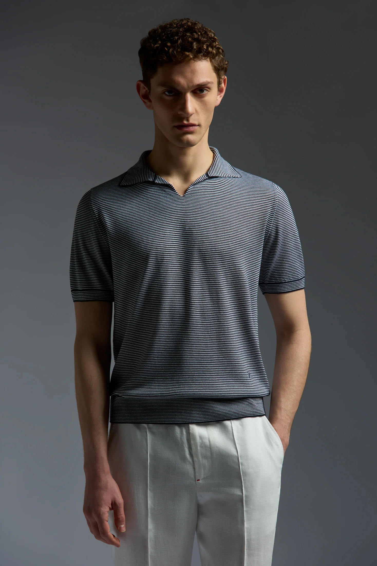 Silk and Cashmere Microstripes Open Collar Polo