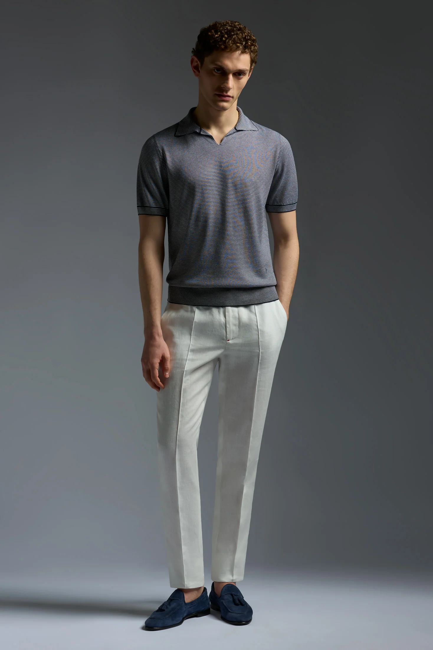 Silk and Cashmere Microstripes Open Collar Polo - Image 2