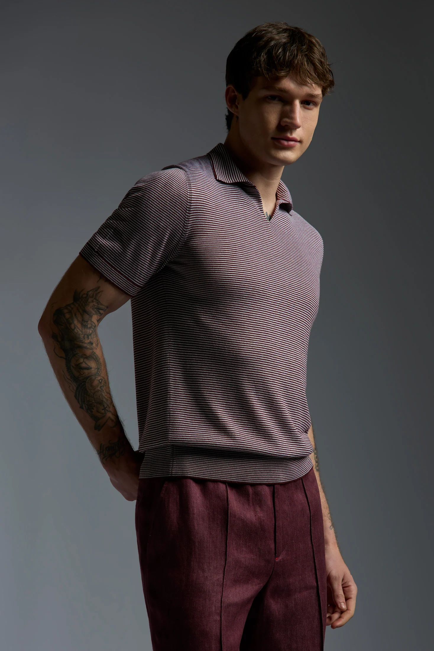 Silk and Cashmere Microstripes Open Collar Polo - Image 6