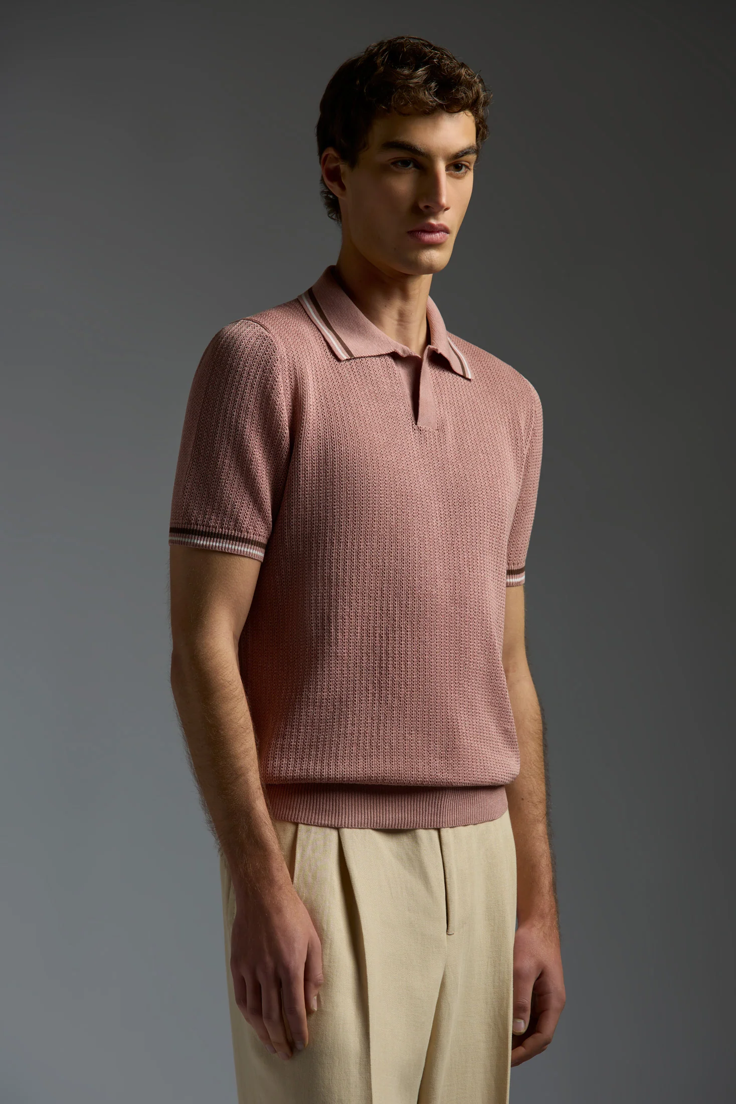 Silk and Linen Open Collar Short Sleeve Polo
