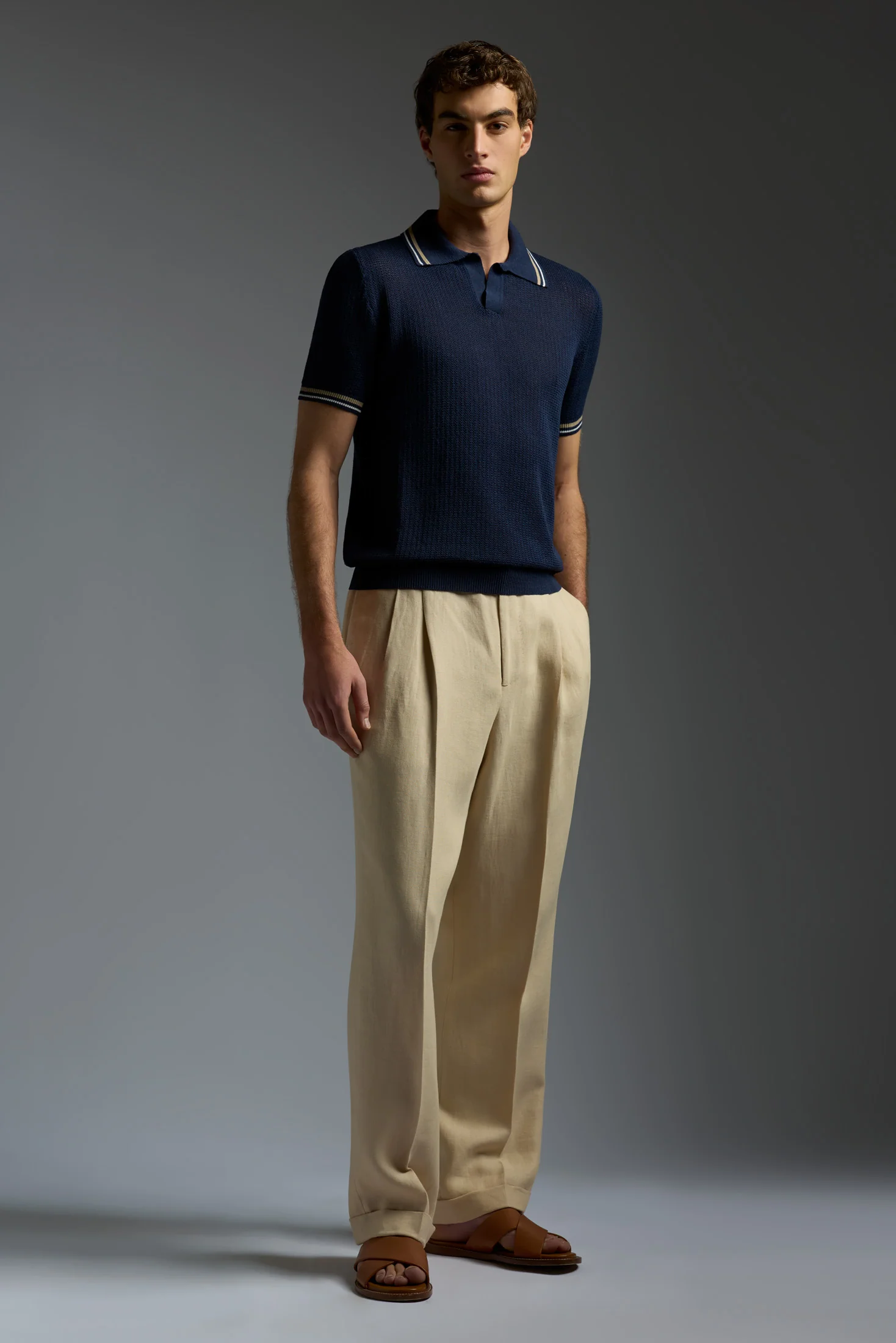 Silk and Linen Open Collar Short Sleeve Polo - Image 7