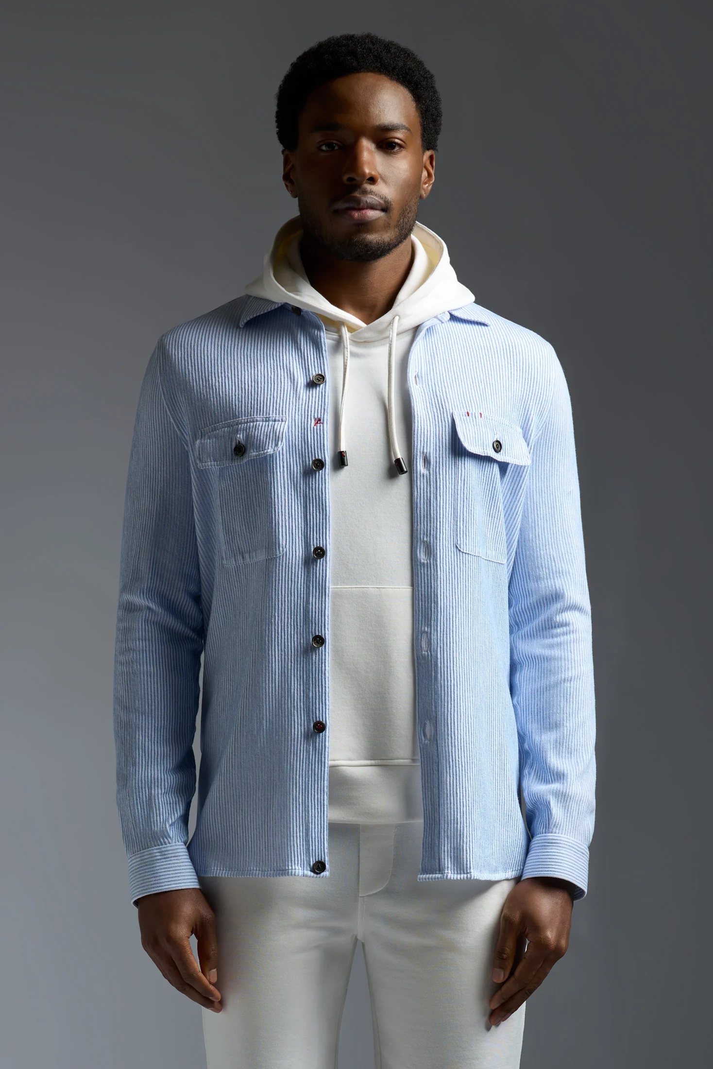 Cotton and Linen Jersey Seersucker Effect Two Pockets Overshirt