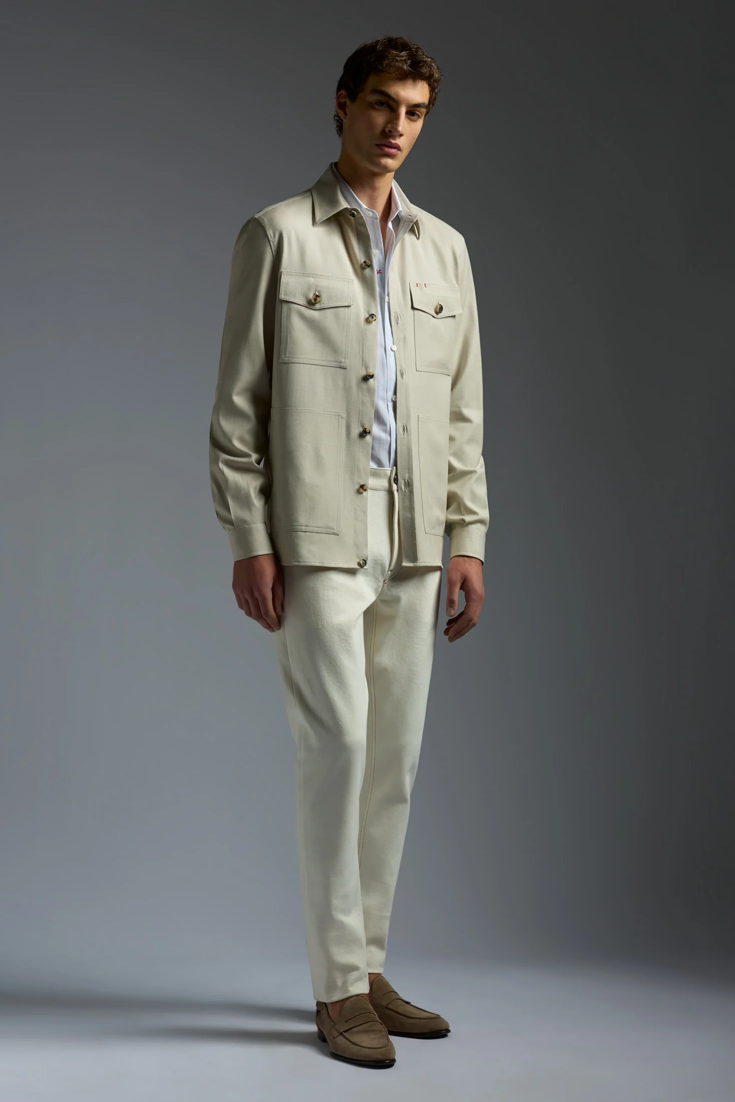 Comfort Denim Effect Wool Silk and Linen Four Pockets Overshirt - Image 2